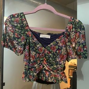Floral mesh crop top with ruched detail